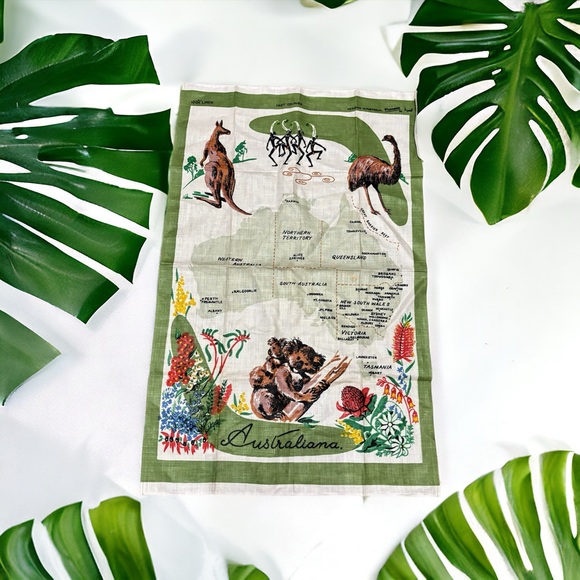 Australiana Souvenir Map 100% Linen Tea Towel Cloth Designed In Australia 31”x20 - Picture 1 of 12